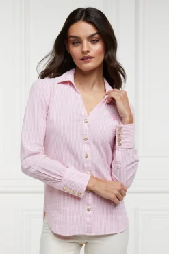 Classic V-Neck Blouse (Pink Stripe)