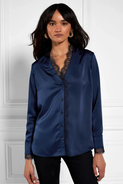Lace V-Neck Blouse (Ink Navy)