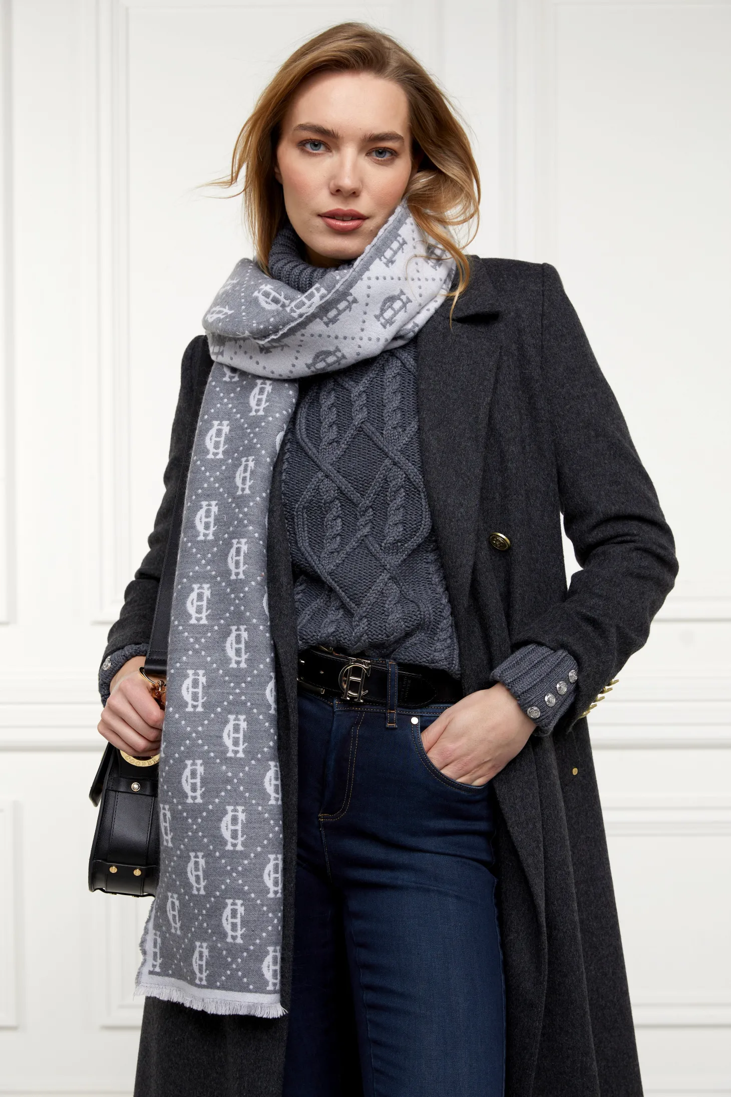Lightweight Monogram Scarf (Grey Marl Cream)